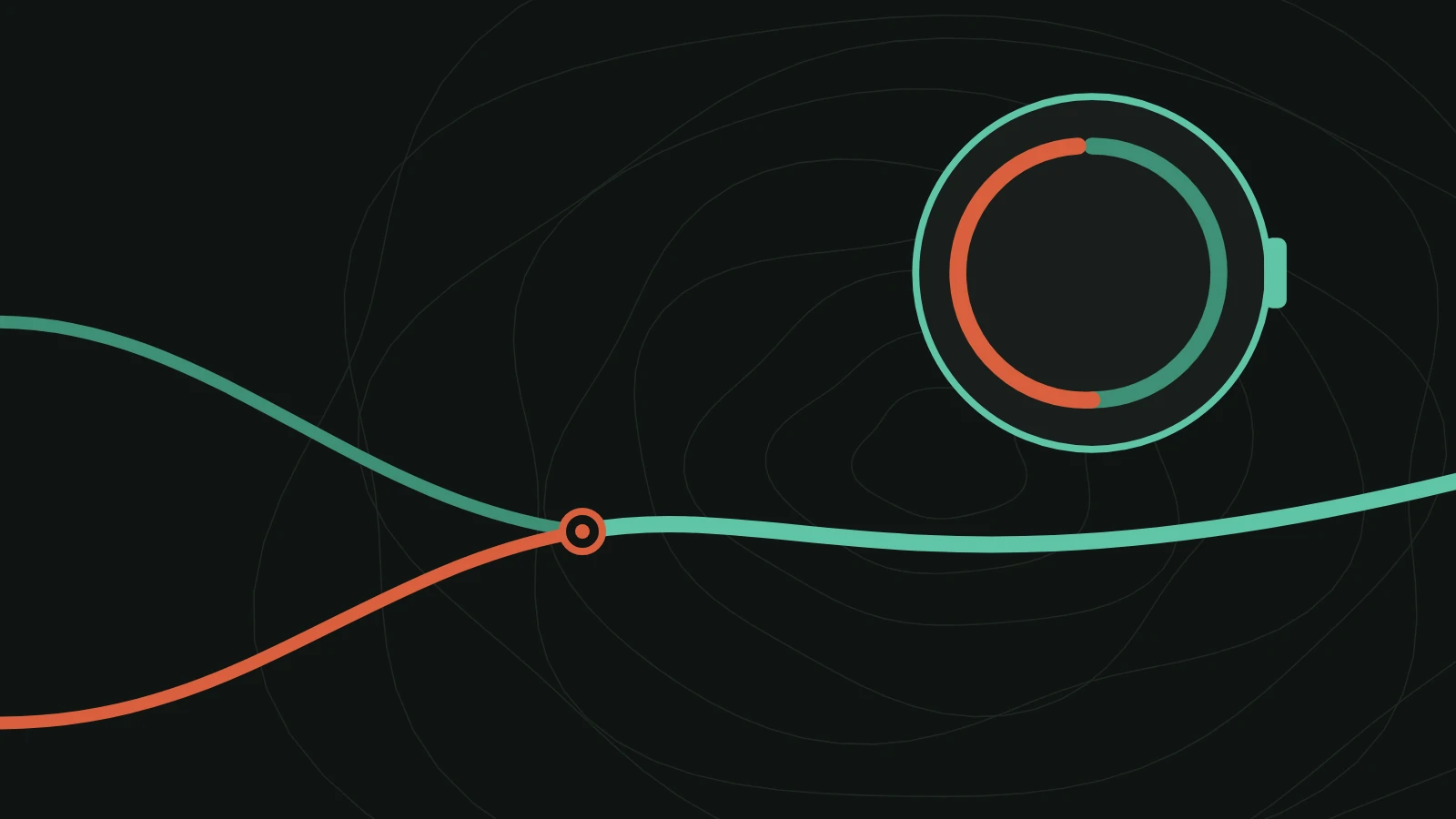 A round watch-face outline with two trail arcs in forest green and sunset red closing into one ring.