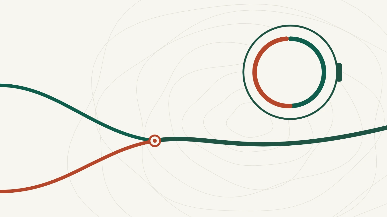 A round watch-face outline with two trail arcs in forest green and sunset red closing into one ring.