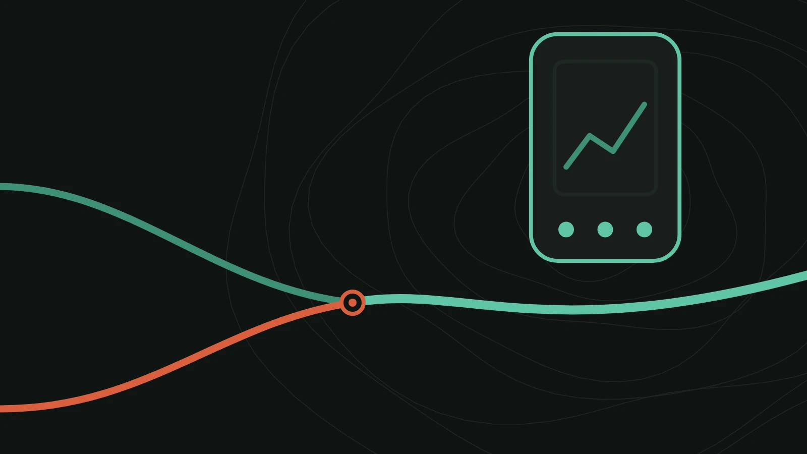 An abstract bike computer outline above two road trails joining into one line, in forest green and sunset red.