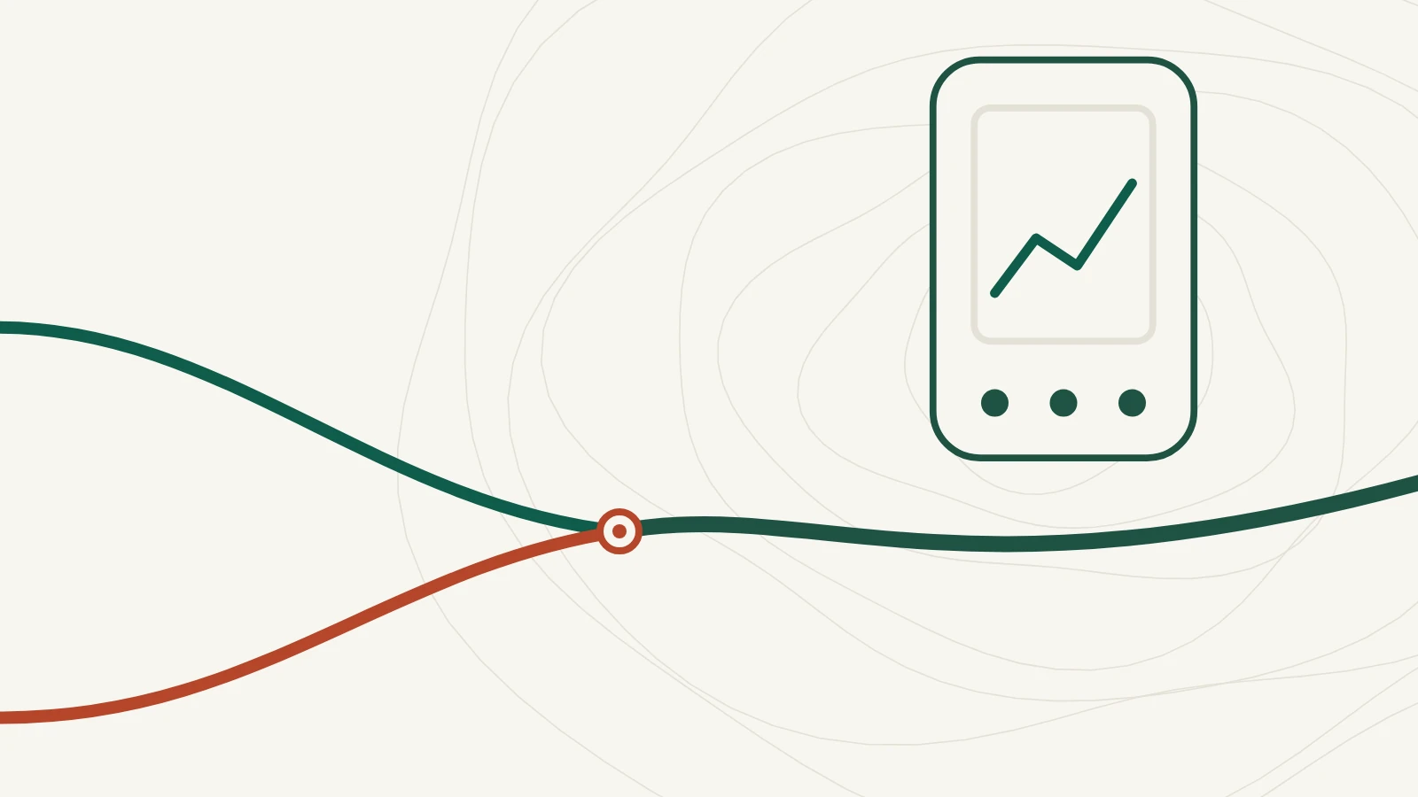 An abstract bike computer outline above two road trails joining into one line, in forest green and sunset red.